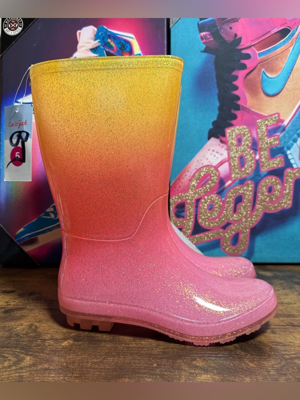 Girl's Cat & Jack ombre pink and yellow rain boots, size 5